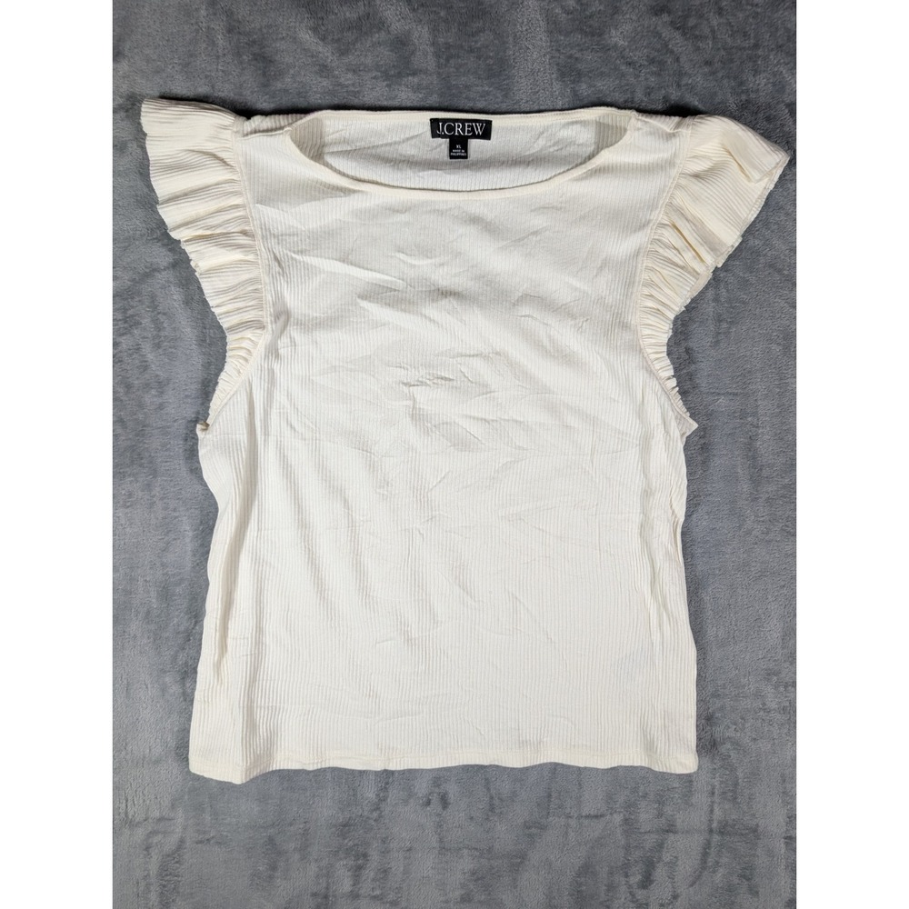 J Crew Womens Ivory Ribbed Knit Ruffle‎ Cap Sleeve Boatneck Blouse Shirt XL